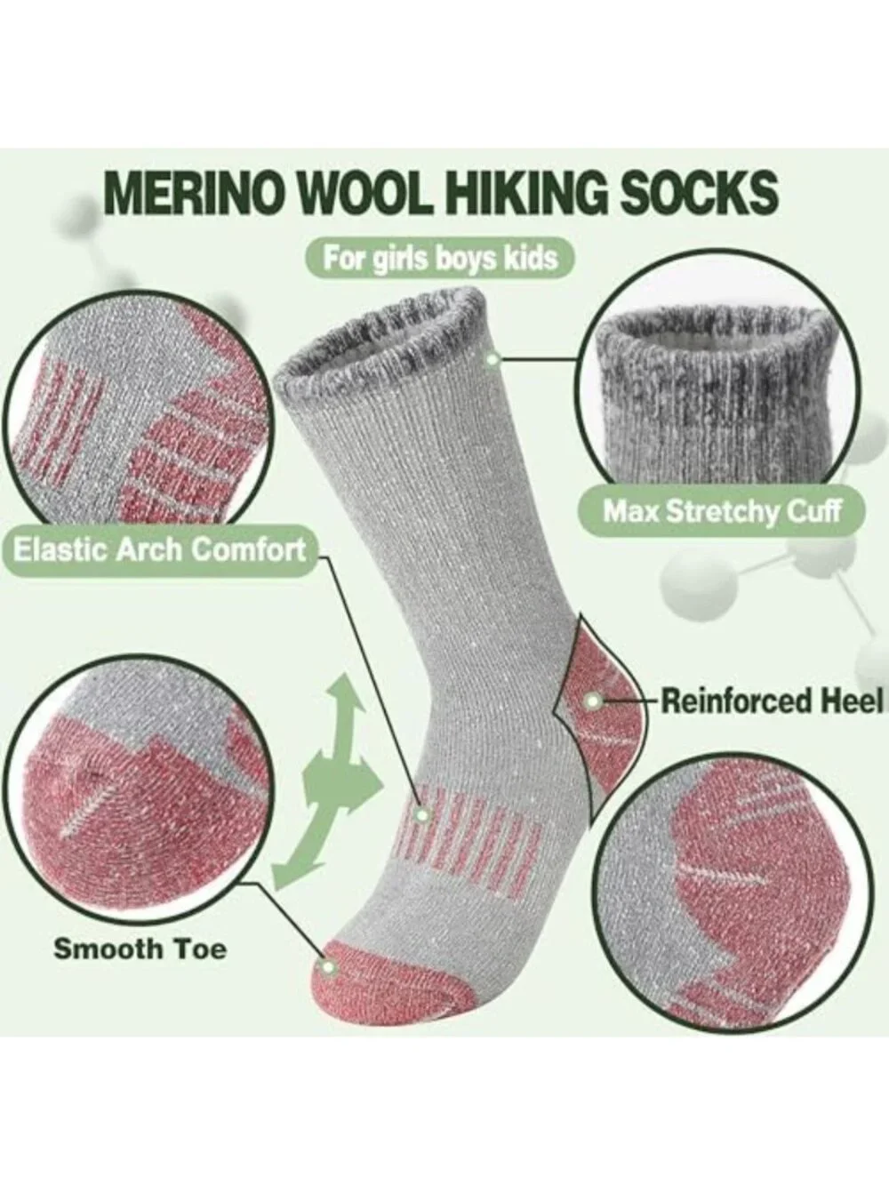 Cozy Merino Wool Hiking Socks for Kids - Boys & Girls, Toddler Friendly, Warm